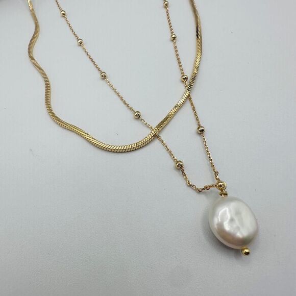 18K Gold Layered Pearl Chain Necklace - Picture 3 of 5